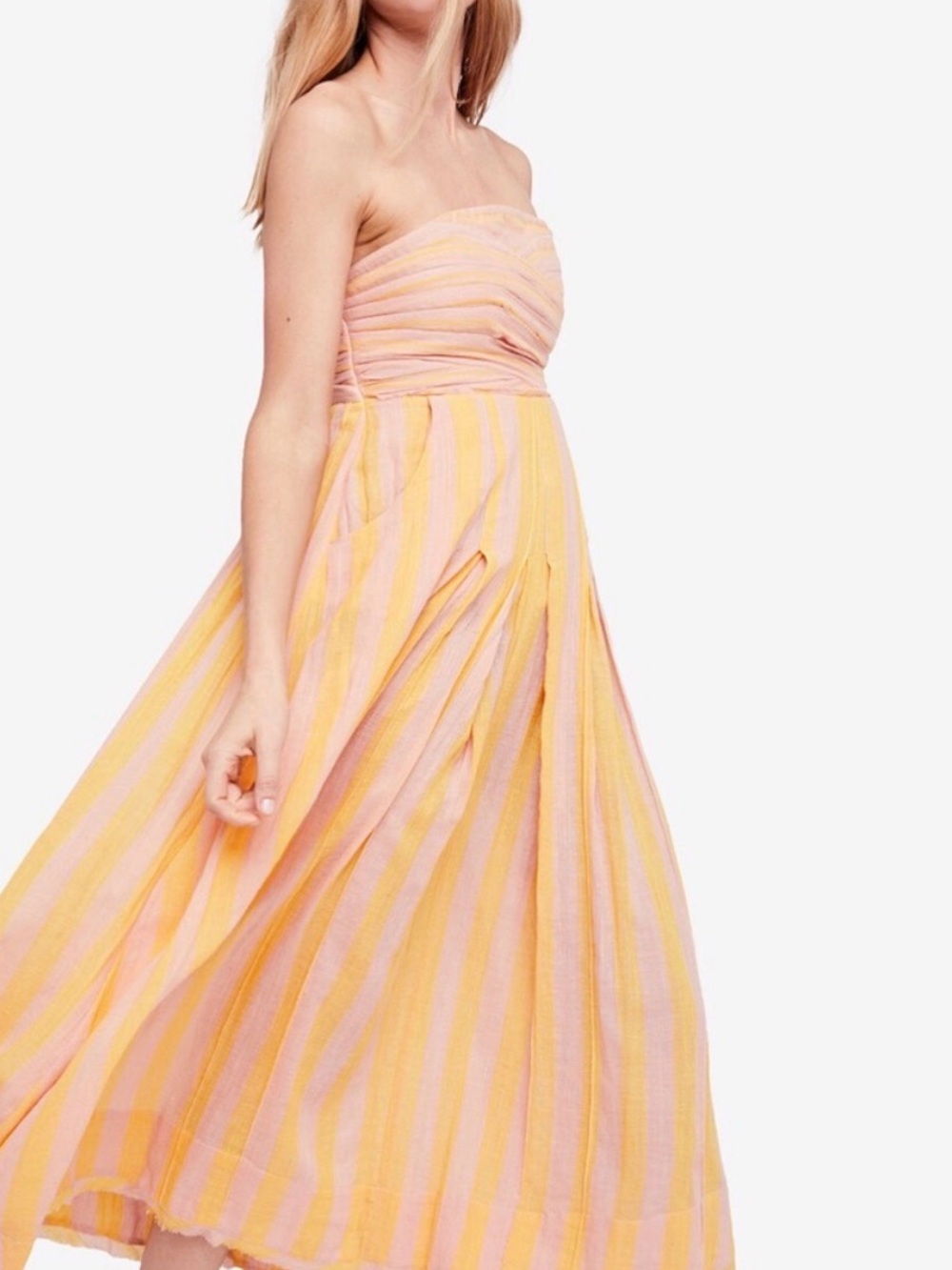 Free People Strapless Pink and Yellow Striped Maxi Dress - Large